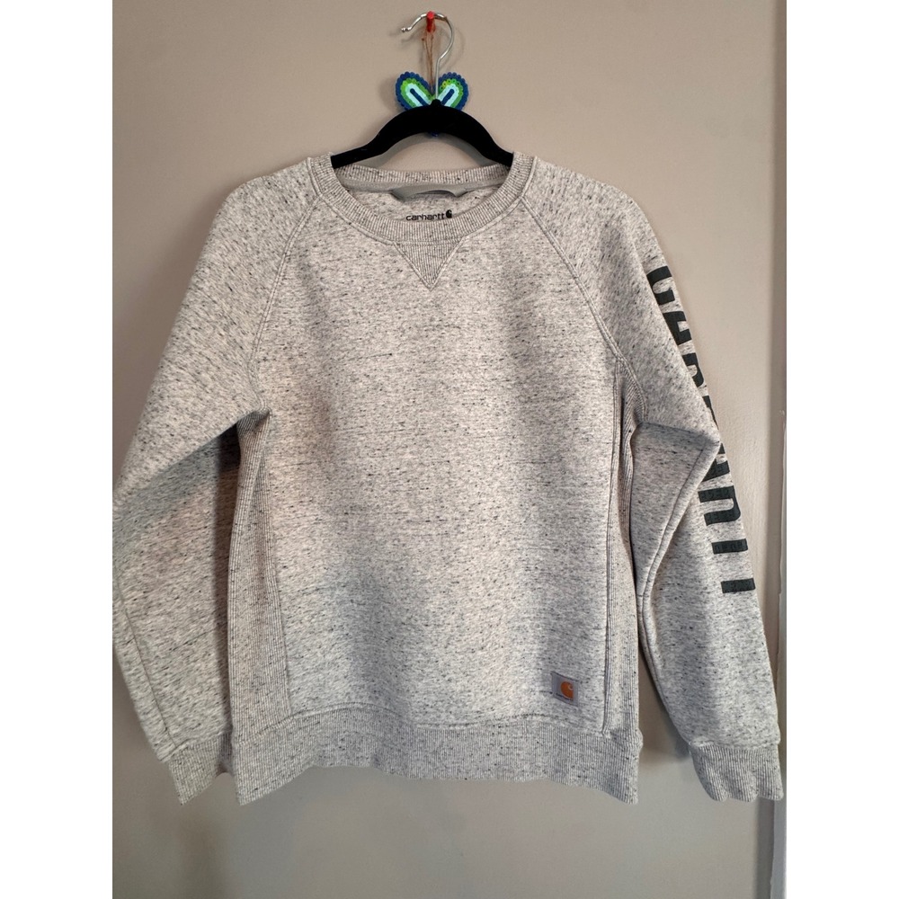 Carhartt Womens Relaxed Fit Gray Marl Logo Sleeve Crewneck Sweatshirt Small